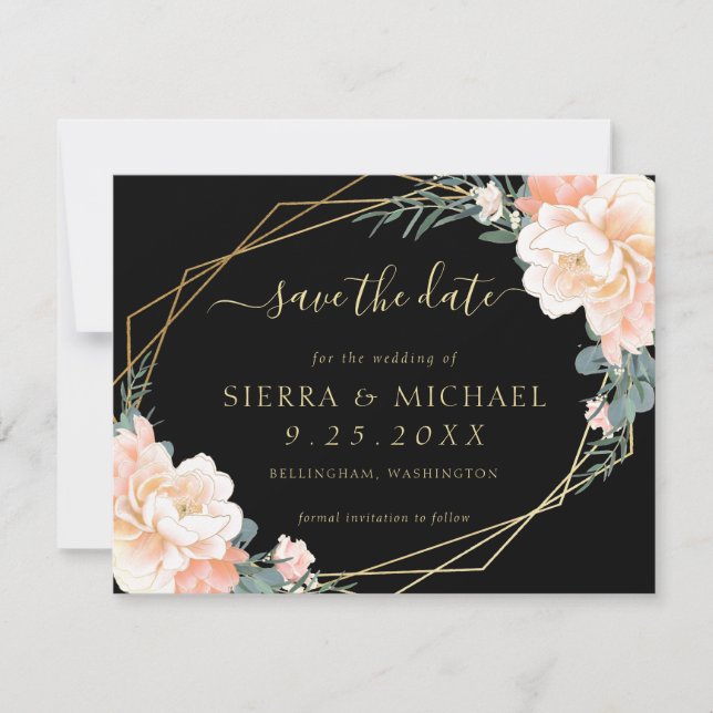 Invitation Élégant Black Peach Gold Floral Enregistrer la dat (Devant)
