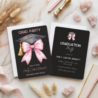 Invitation Elegant Black Pink Coquette Bow Graduation