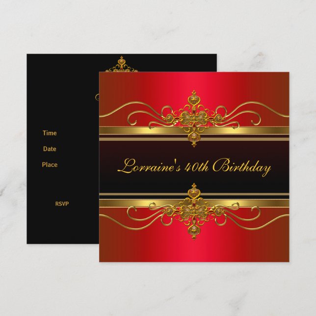 Invitation Elégant Black Red Gold Jewel 40e anniversaire (Devant / Derrière)