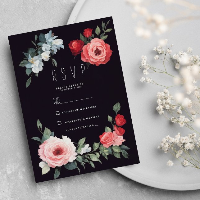 Invitation Elegant black red pink blue roses romantic RSVP  (Elegant black red pink blue roses romantic RSVP )