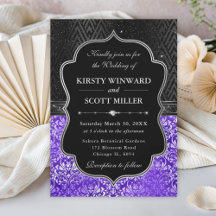 Elegant Black Silver Purple Floral Glitter Wedding