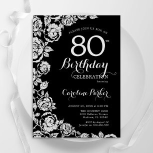 Invitation Elégant Black Silver Roses 80e anniversaire fête
