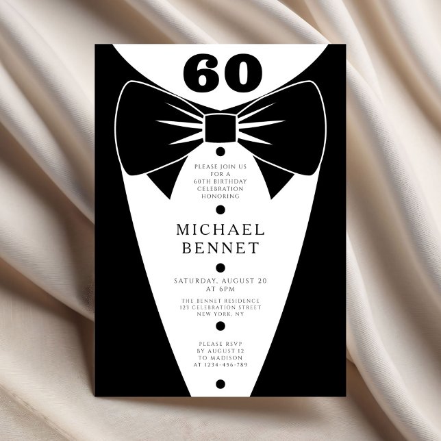 Invitation Elegant Black Tuxedo 60th Birthday (Elegant Black Tuxedo 60th Birthday Invitation)