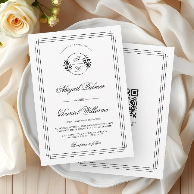 Invitation Elegant black, white branch and QR code wedding (Créateur téléchargé)