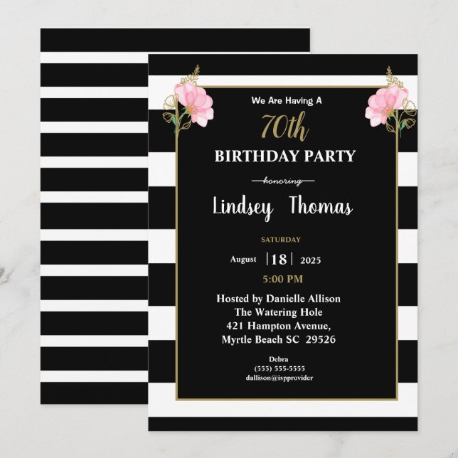 Invitation Elégant Black White Gold Floral 70e anniversaire (Devant / Derrière)