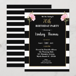 Invitation Elégant Black White Gold Floral 70e anniversaire
