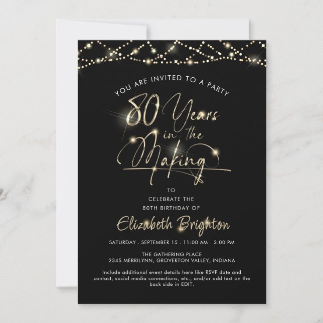 Invitation Élégant Black White Gold Script 80e anniversaire (Devant)