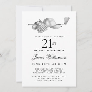 Invitation Elégant Black White Golf 21ème anniversaire
