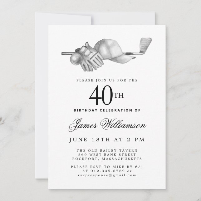 Invitation Elégant Black White Golf 40e anniversaire (Devant)