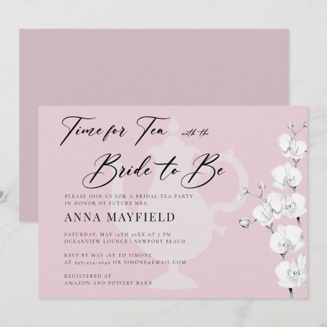 Invitation Elégant Black White Orchids Temps pour Tea Bridal (Devant / Derrière)