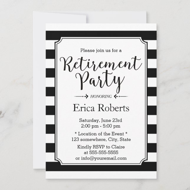 Invitation Élégant Black & White Stripes Retraite Party (Devant)