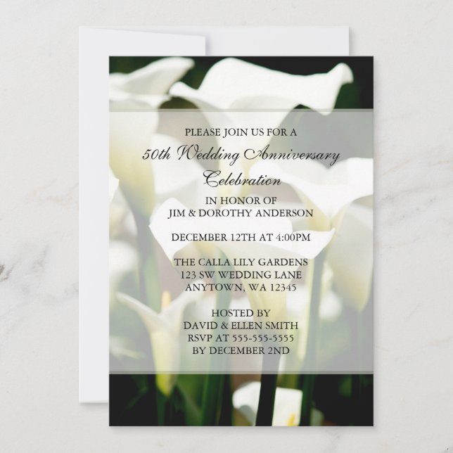 Invitation Elégant Blanc Calla Lily 50e anniversaire de Maria (Devant)