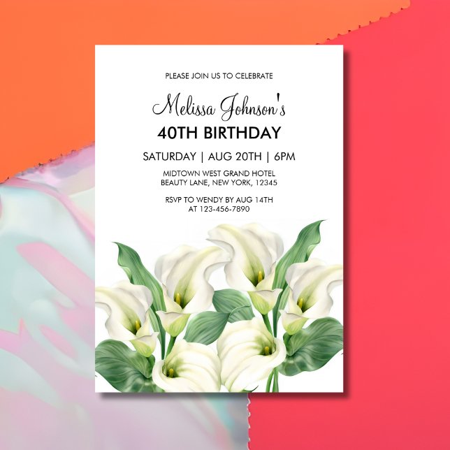 Invitation Elégant Blanc Calla Lily Floral Anniversaire (Créateur téléchargé)
