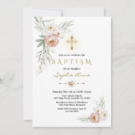 Invitation Élégant blanc Dusty Fleurs Roses Croix Baptême