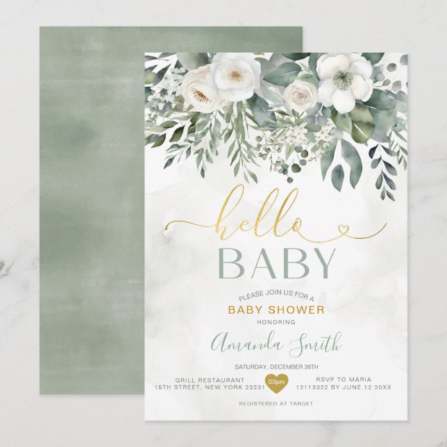 Invitation Elégant blanc Eucalyptus Floral Hello Baby shower (Devant / Derrière)