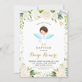 Invitation Élégant blanc floral Angélique garçon Baptême