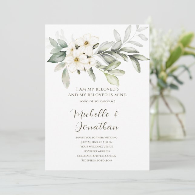 Invitation Élégant blanc floral Bible Verse Mariage chrétien (Debout devant)