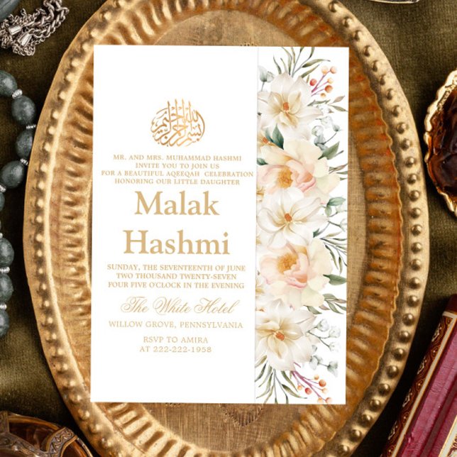 Invitation Elégant blanc floral blanc islamique Aqiqa Aqeeqa (Créateur téléchargé)