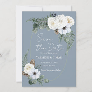 Invitation Elégant blanc floral Dusty bleu Enregistrer la dat