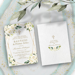 Invitation Elégant blanc floral espagnol 1er anniversaire Bap