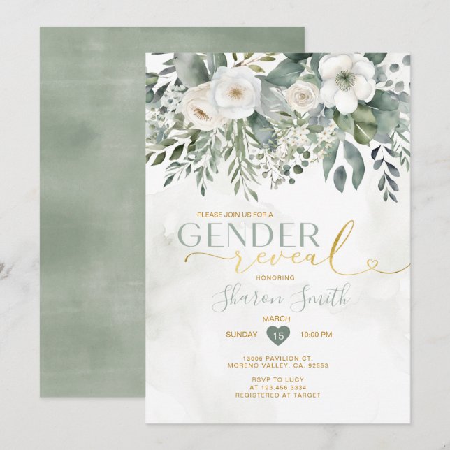 Invitation Élégant Blanc Floral Et Eucalyptus Sexe Révéler (Devant / Derrière)