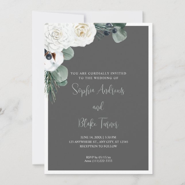 Invitation Élégant blanc Floral et vert Mariage gris (Devant)