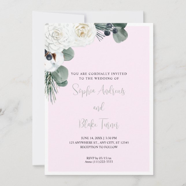 Invitation Élégant blanc floral et vert Mariage rose (Devant)