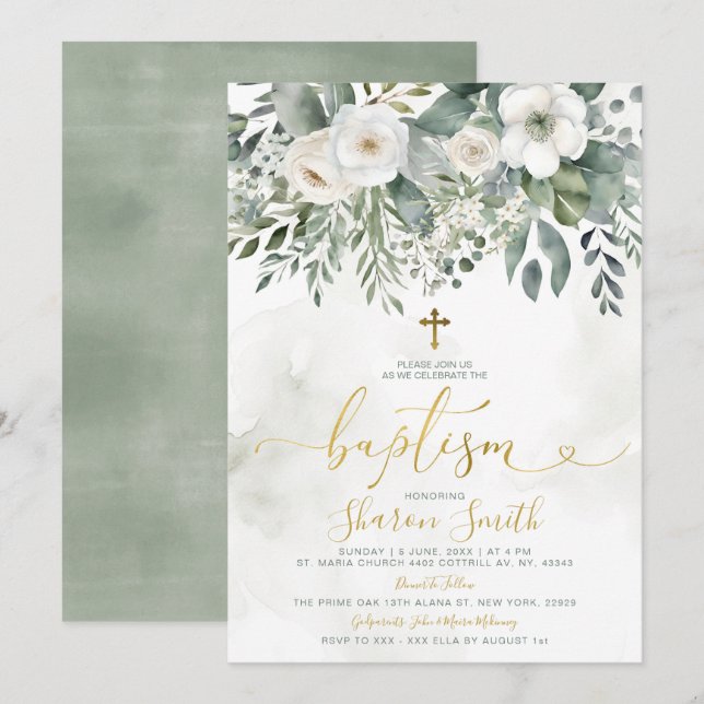 Invitation Elégant Blanc Floral Eucalyptus Baptism Gold Cross (Devant / Derrière)