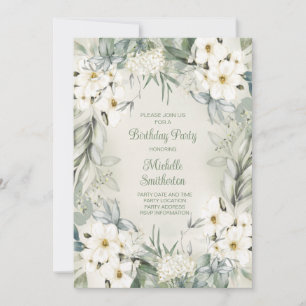 Invitation Elégant Blanc Floral Sage Vert Feuilles Anniversai