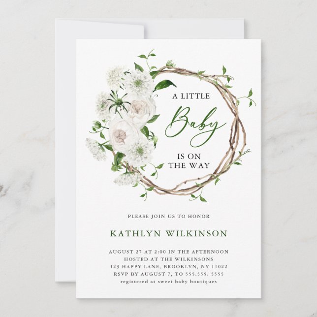Invitation Elégant Blanc Floral Verdure Baby shower simple (Devant)