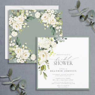 Invitation Elégant blanc gris vert Aquarelle Couples Douche