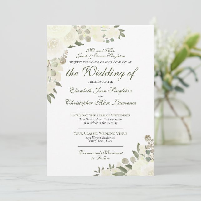 Invitation Élégant blanc ivoire Boho Floral Mariage (Debout devant)