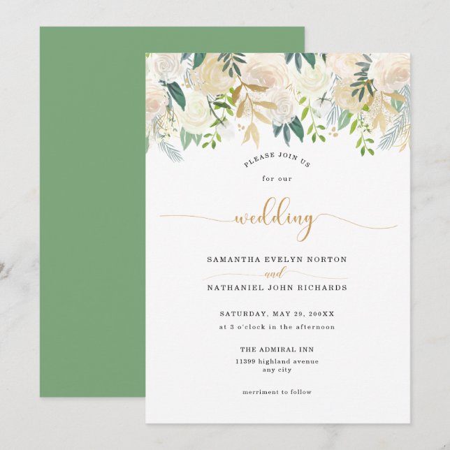 Invitation Élégant blanc ivoire Floral et mariage de verdure (Devant / Derrière)