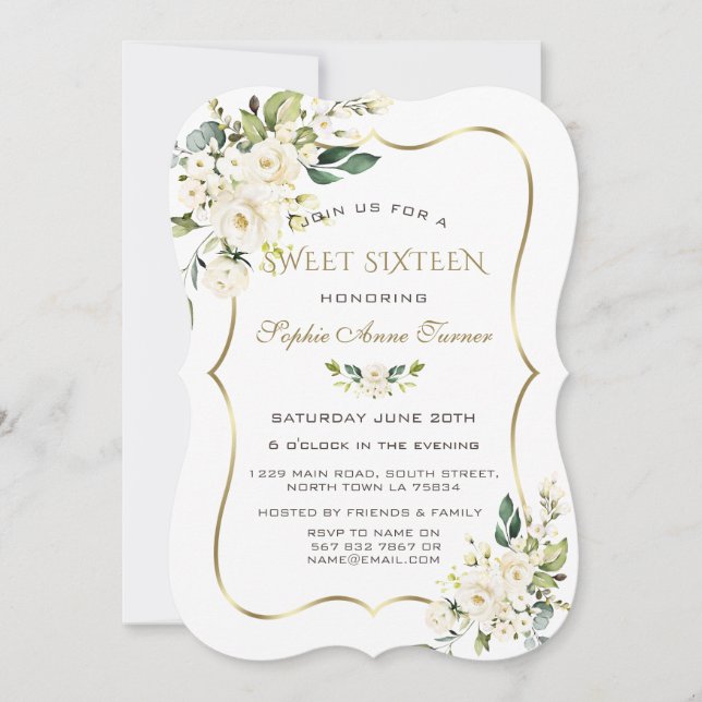 Invitation Elégant blanc ivoire Floral Gold Frame Sweet 16 (Devant)
