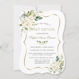 Invitation Elégant blanc ivoire Floral Gold Frame Sweet 16