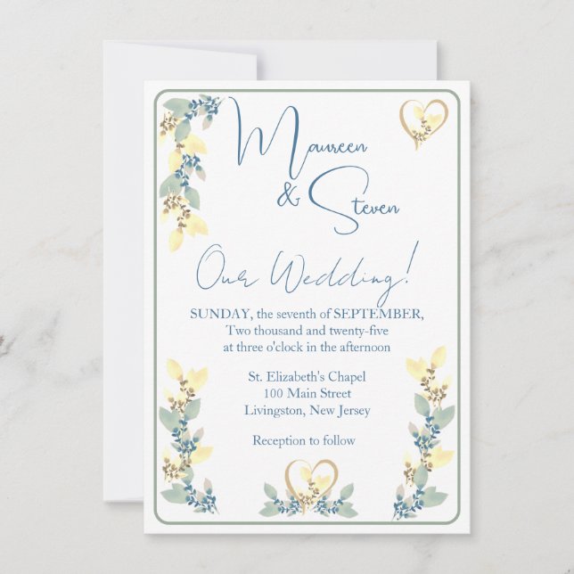 Invitation Elégant blanc, jaune et vert teintes Mariage flora (Devant)