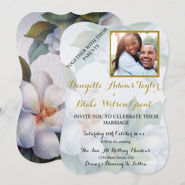 Invitation Elégant blanc Magnolia aquarelle Mariage photo (Devant / Derrière)