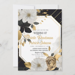 Invitation Elégant Blanc Or Floral Mariage Black Frame