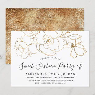 Invitation Elégant Blanc & Or Floral Moderne Sweet 16 Party