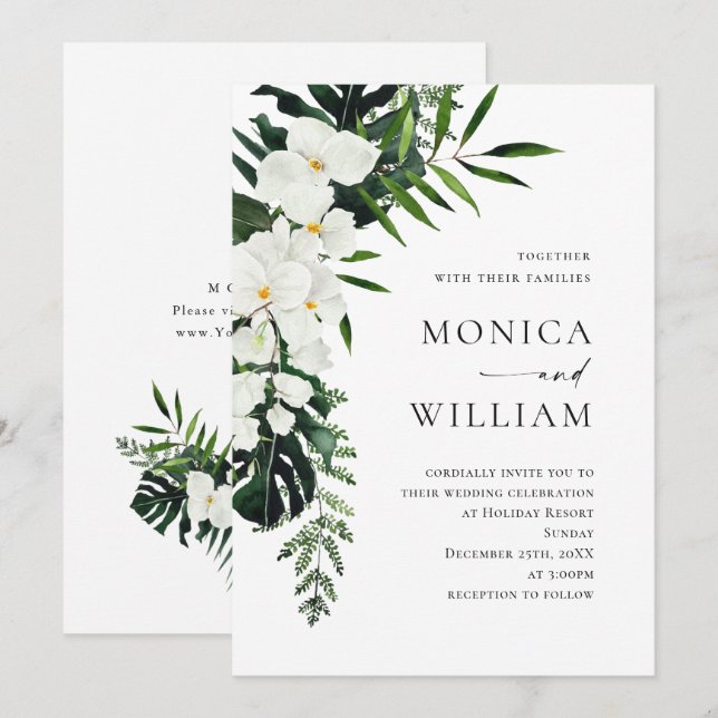 Invitation Elégant blanc Orchidées Bohème Mariage de verdure (Devant / Derrière)