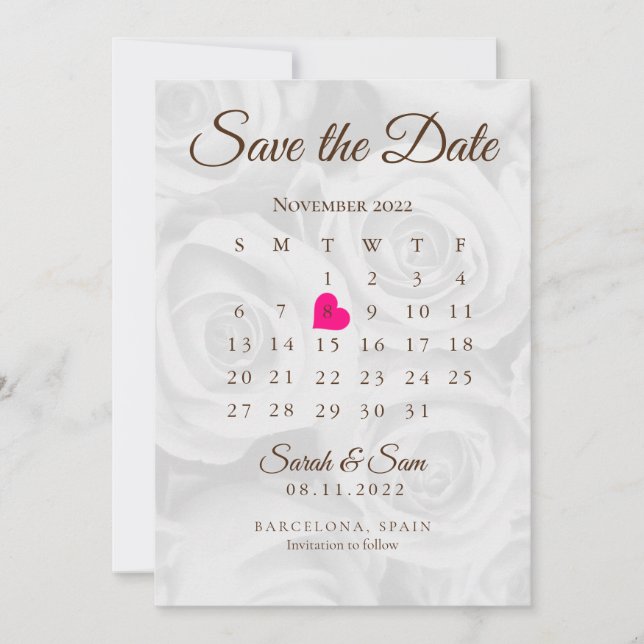 Invitation Élégant Blanc ROses Enregistrer Le Mariage Calendr (Devant)
