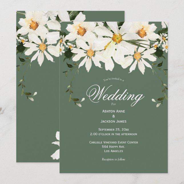 Invitation Elégant blanc rustique marguerites Mariage vert mo (Devant / Derrière)