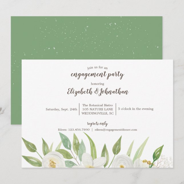 Invitation Elégant blanc & vert Aquarelle Fiançailles floral (Devant / Derrière)