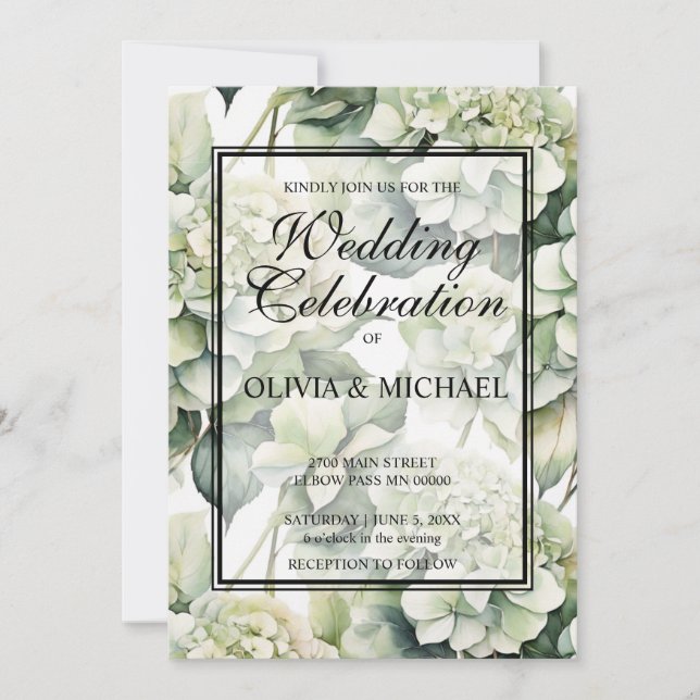 Invitation Elégant blanc vert aquarelle Mariage floral (Devant)