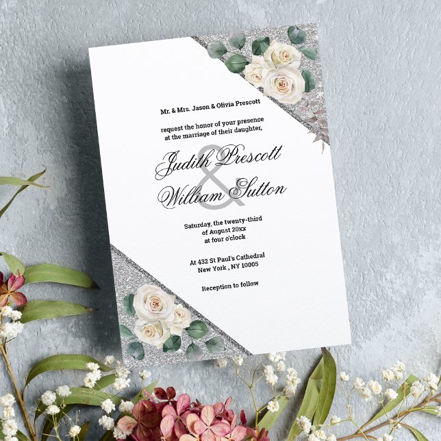 Invitation Élégant blanc vert argent parties scintillant mari (Elegant white green silver glitter floral wedding invitation )