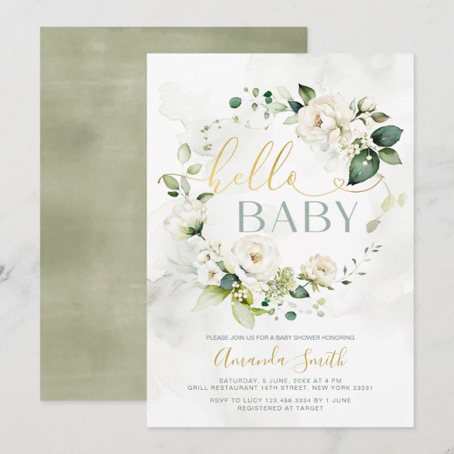 Invitation Elégant Blanc Vert Floral Hello Baby shower (Devant / Derrière)