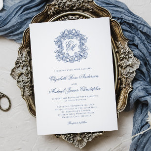 Invitation Élégant Blason de Monogramme Bleu Français Mariage