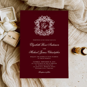 Invitation Élégant blason de monogramme bordeaux pour mariage