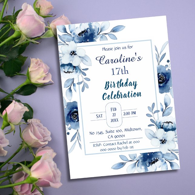 Invitation Elégant bleu 17ème anniversaire tonalités florales (Créateur téléchargé)
