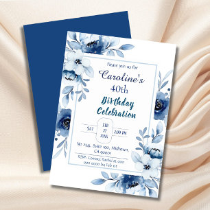 Invitation Elégant bleu 40e anniversaire tonalités florales d